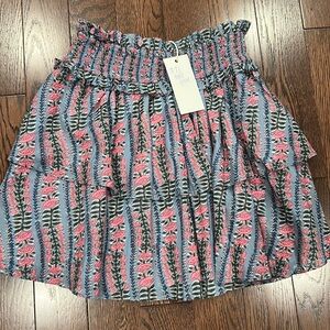 Marea Womens Cotton Floral Smocked Waist A-Line Ruffled Skirt Blue Size XS